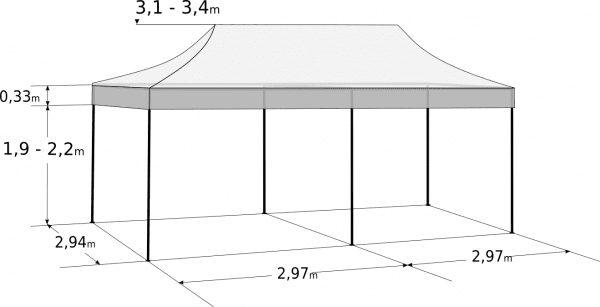 Gyorsan összecsukható sátor 3x6 m - hexagonális alumínium: Méretek és paraméterek