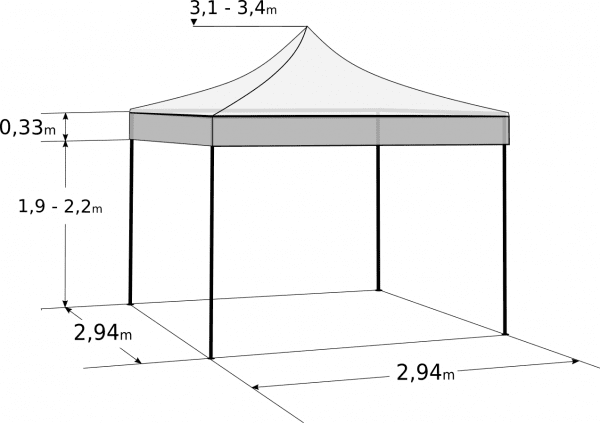 Gyorsan összecsukható sátor 3x3 m - hexagonális alumínium: Méretek és paraméterek